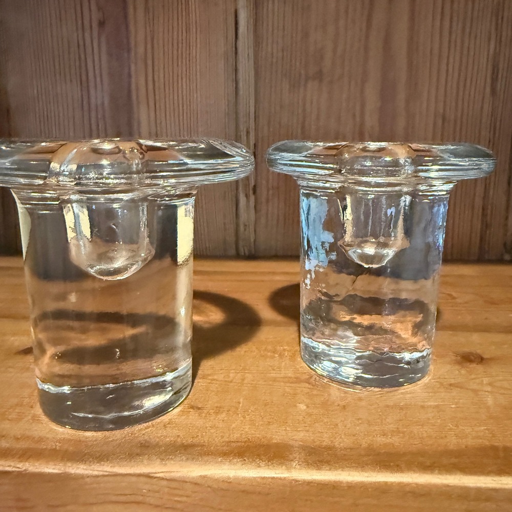Vintage Blenko Heavy Hand Blown Clear Glass Taper Candle Holders Set 2 Mushroom